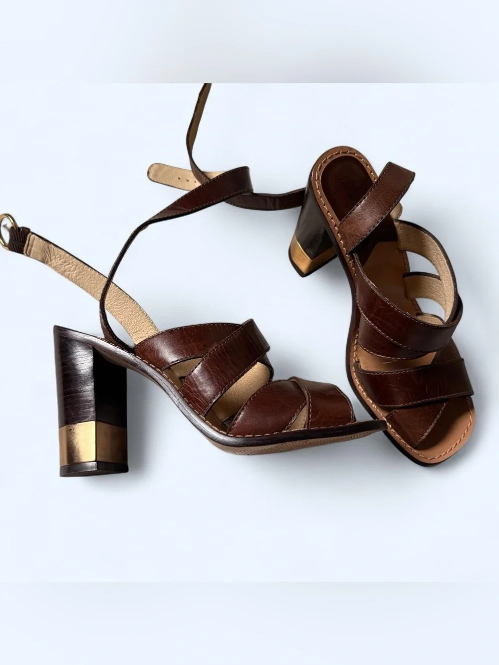 Michael Kors Brown Leather Strappy Block Heel Sandals
